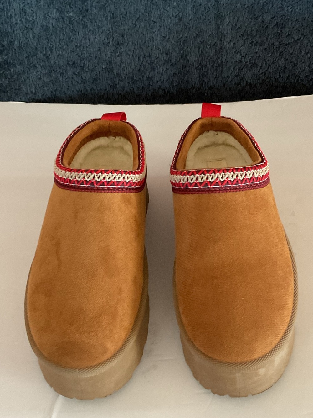 New love Tan Suede Slip-On Slippers with Red Trim comfy.